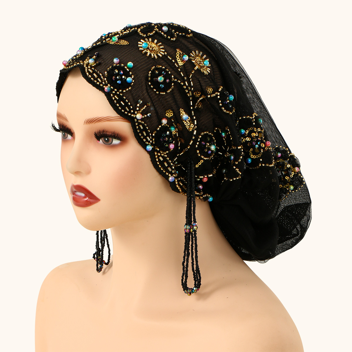 Chapeau de perles en dentelle musulmane, casquettes en tissu maille, Tube de perles associé à un fil de diamant acrylique, chapeau brodé pour femmes arabes de dubaï