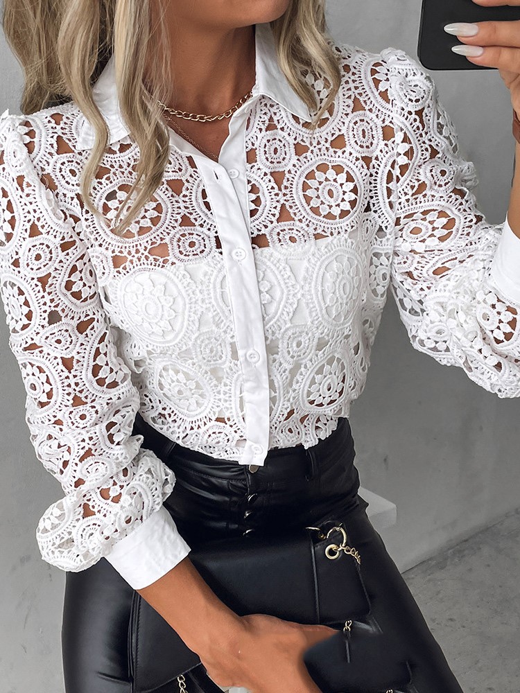 Chemisiers en dentelle pour femmes, chemise blanche de bureau élégante, manches longues, boutons, col rabattu, hauts ajourés Sexy, vêtements à la mode pour femmes