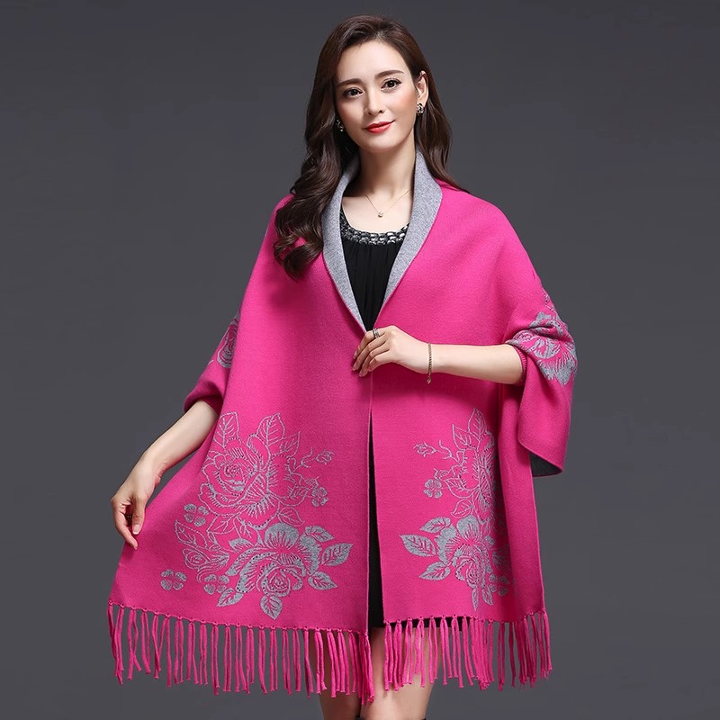 Châle pour femme, automne-hiver, style veste cape, cardigan en tricot ample à franges, pull en laine épais, réversible, manteau châle, vêtement d'extérieur