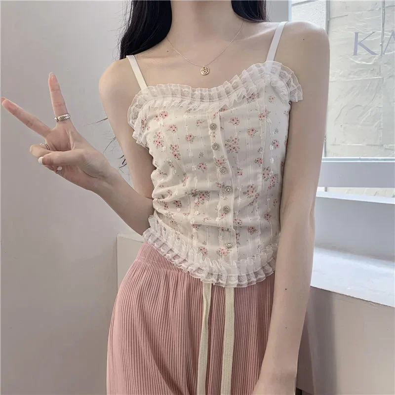 Camisole à ourlet d'oreille en bois floral français pour femmes, vêtements d'extérieur pour femmes avec dos en dentelle respirante, beaux sous-vêtements pour l'été