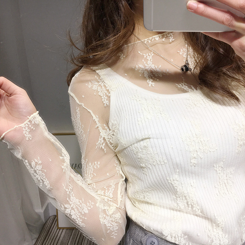 Chemisiers d'été pour femmes en dentelle brodée florale, hauts élégants en maille transparente à manches longues, chemises sexy transparentes