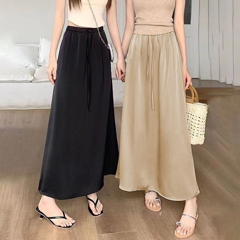 Jupe longue décontractée taille haute en satin pour femme, coupe ample trapèze Y2K, style vintage en soie noire ou blanche, longueur midi, Harajuku