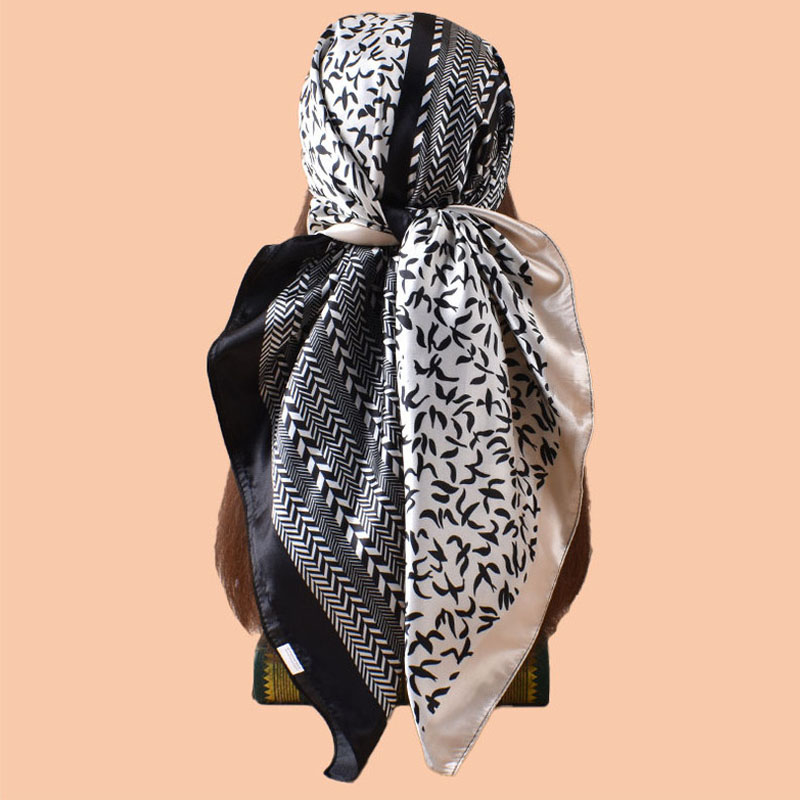 Foulard en Soie Sergée 90x90cm pour Femme, Carré, Élégant, à Motifs Floraux, Été Automne, Hijab, Châle, Écharpe, Bandana