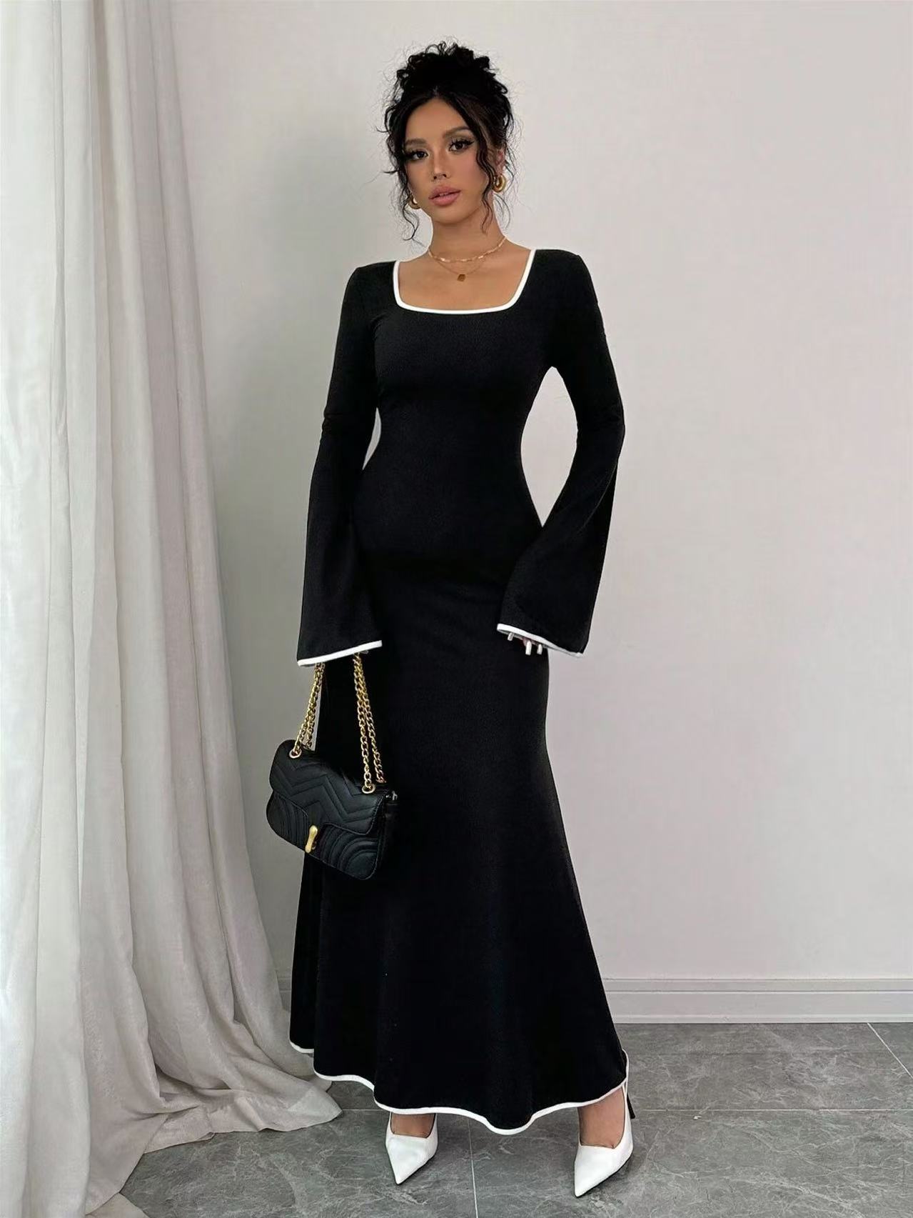 Robe à manches longues et col carré pour femme, couleur contrastée