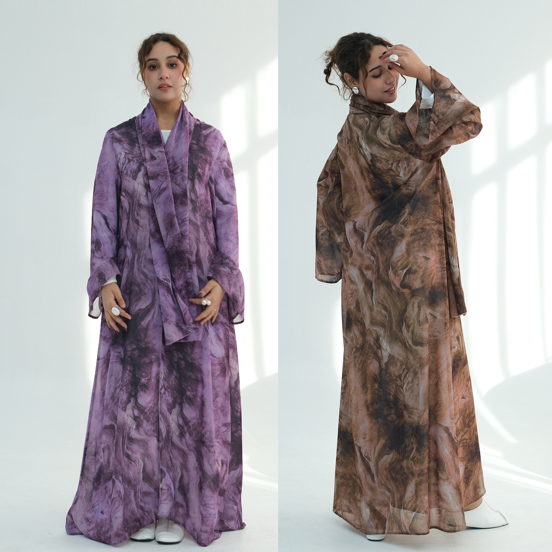 Abaya ouvert en mousseline de soie, ombré, aquarelle, marbre, imprimé Tie-Dye, Premium, dubaï, ensemble de 2 pièces, vêtements islamiques, vente en gros