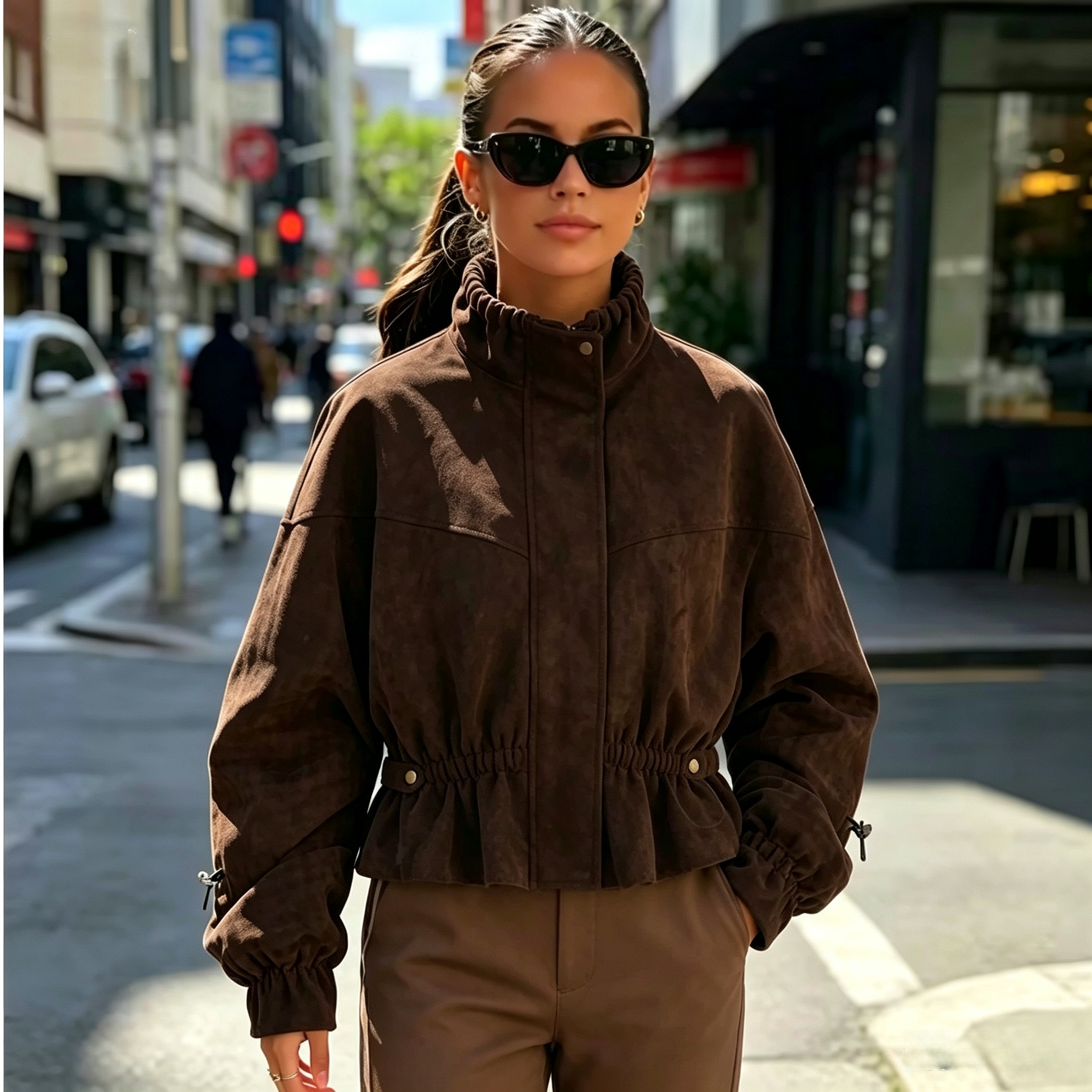 Veste d’hiver pour femme, style vintage, avec effet de texture en daim, col montant, taille et poignets élastiques, vêtement d’extérieur féminin.