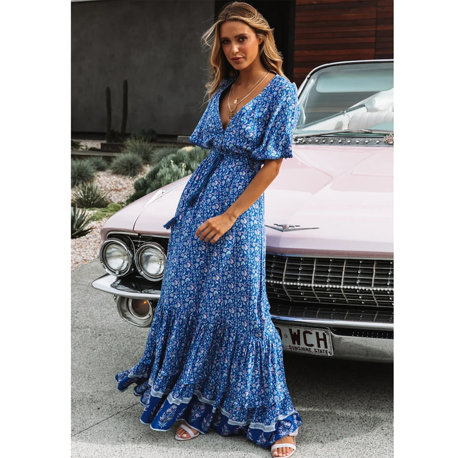 Robes Maxi en Coton Bleu Rayonne pour Femmes, Imprimé Floral, Sexy, V Profond, Boho, Été, Ample, Hiphélicoptère, Longue, Éducative