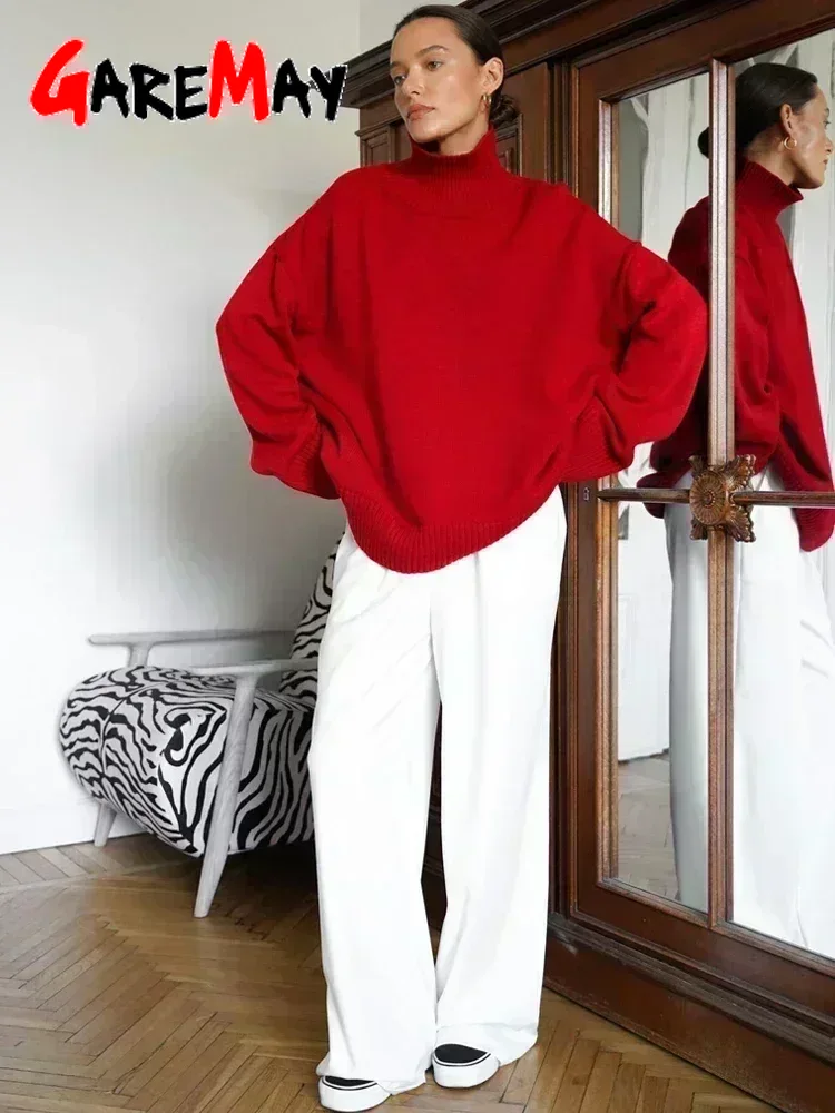 Pull à col roulé surdimensionné pour femme, pull chaud, gris doux, vintage, tout rouge, hiver, 2025