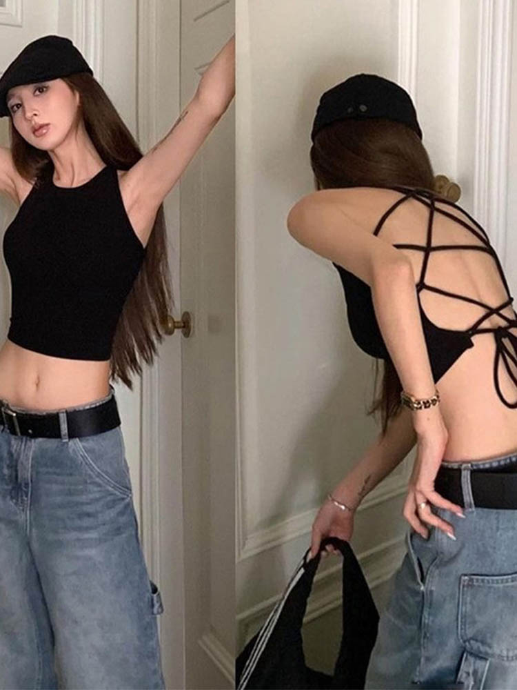 Y2K femmes hauts dos nu haut court sans manches Sexy mignon noir gilet débardeur été recadrée gilet femme 2000S vêtements