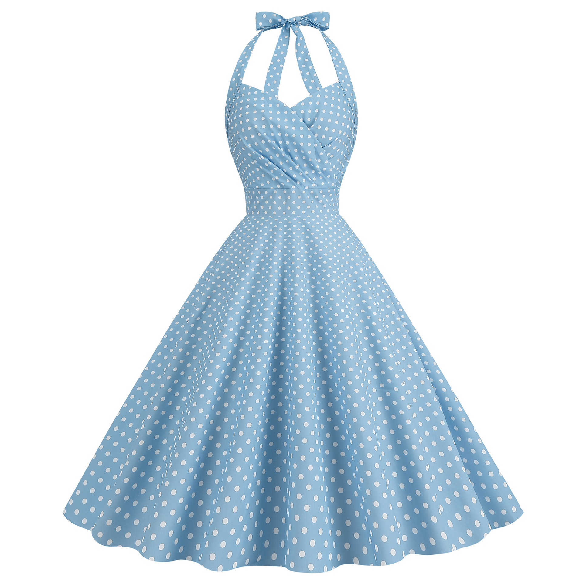 Robe Vintage Années 50-60 à Pois Imprimés, Dos Nu, Col Halter, pour Cérémonie et Soirée, Robe d'Été Femme, Corset au Dos, Style Rockabilly Swing