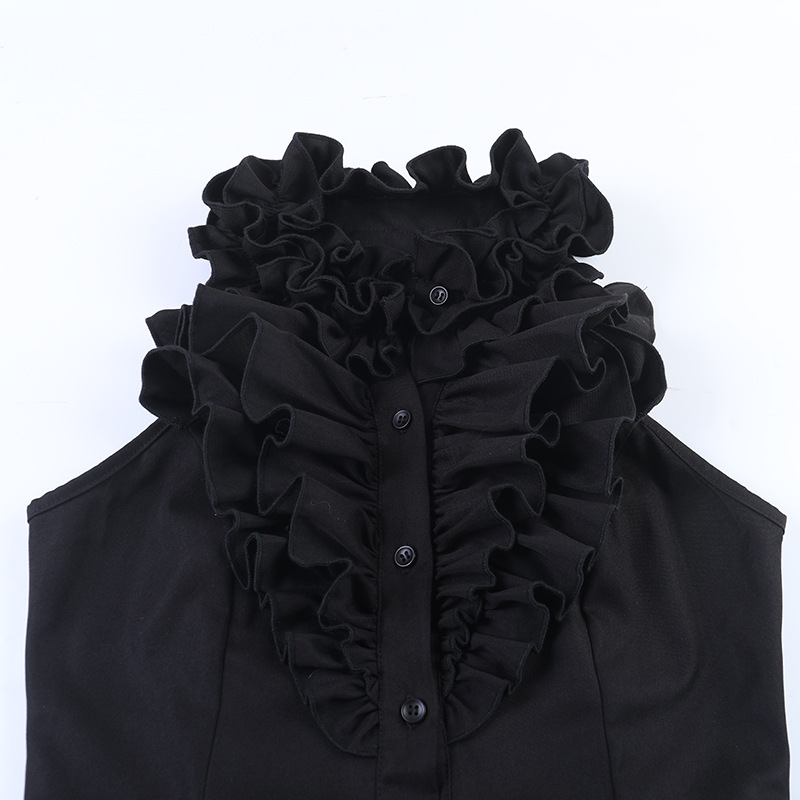 Robe pour femme de style gothique sombre avec taille à volants, jupe courte à volants superposés, en fibre de polyester, sans élasticité, coupe trapèze
