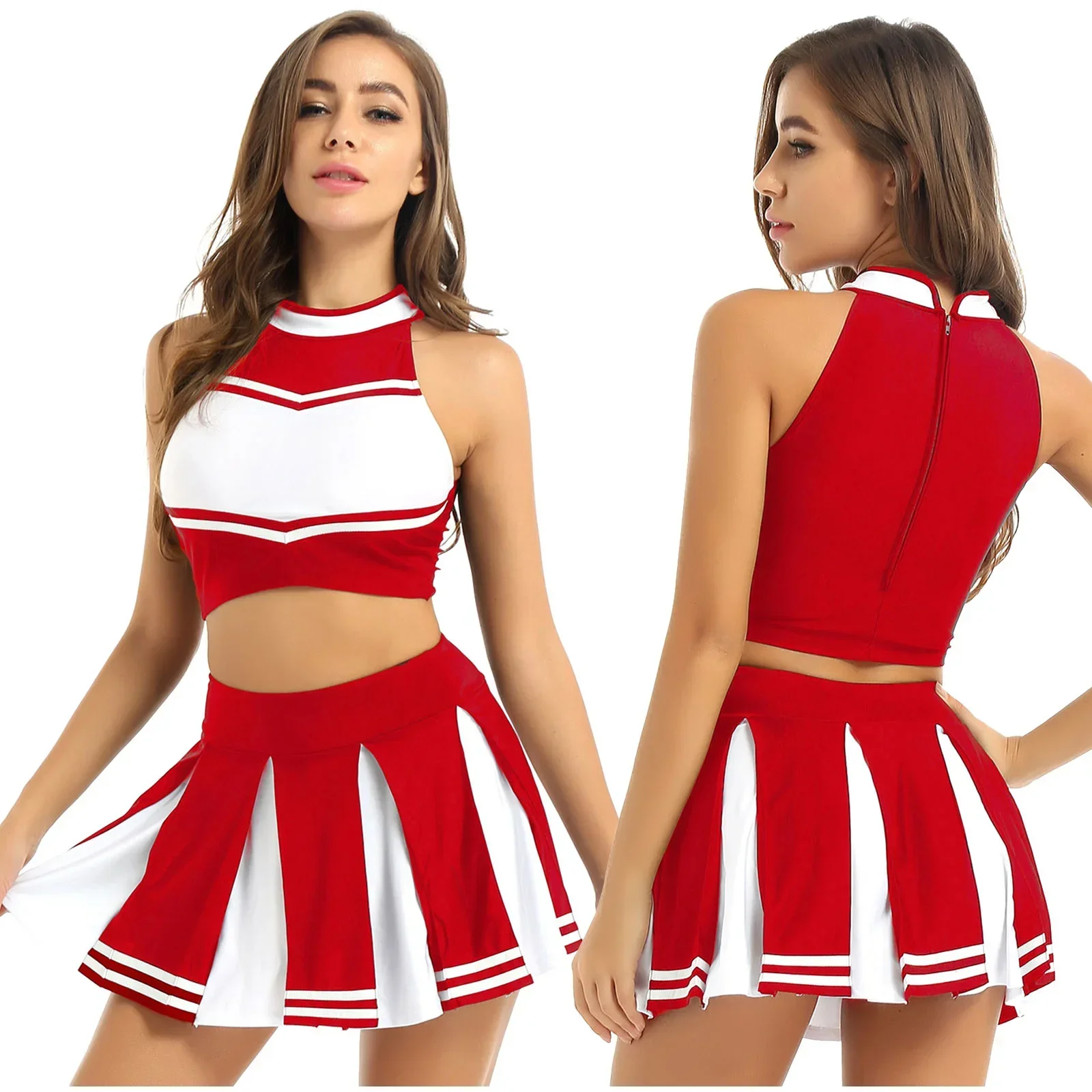 Costume de carnaval 2 pièces pour femmes adultes, uniforme de pom-pom girl, tenue de Cosplay, haut court avec Mini jupe, déguisement d'halloween, fête