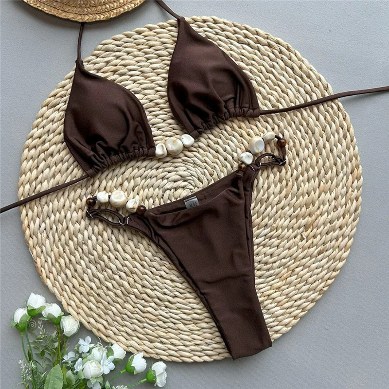 Femmes Bikini ensemble perlé sans manches soutien-gorge avec taille basse slips maillot de bain vacances d'été 2 pièces maillot de bain maillots de bain