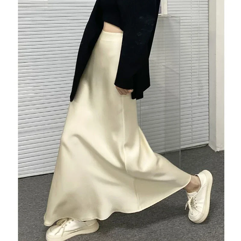 2025 été dame coréenne élégant Satin tissu jupes femme solide taille haute mi-longue robe femmes Chic concepteur mince jupes