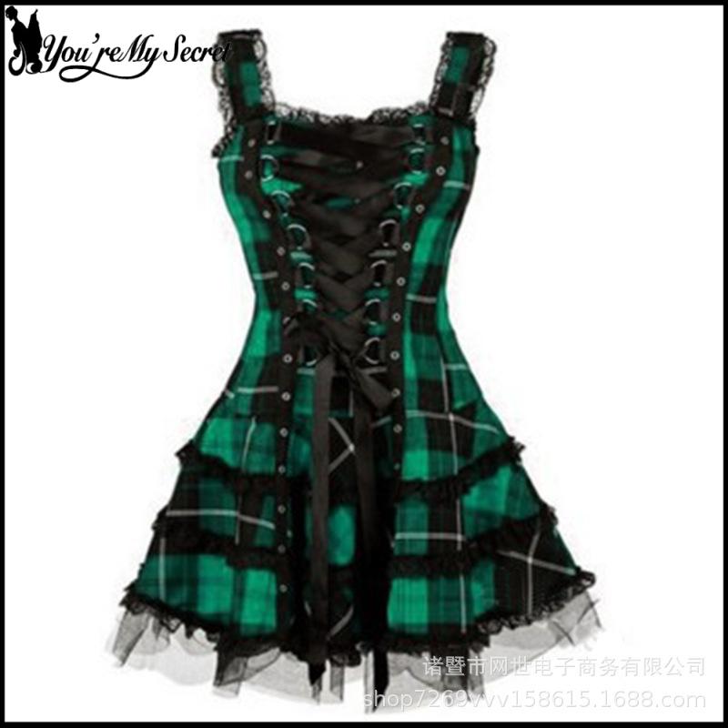 Robe Vintage Femme Sexy Mini-Robe Rétro à Carreaux Robe Gothique Sexy en Dentelle Robe d'Été Punk Vêtement Printanier