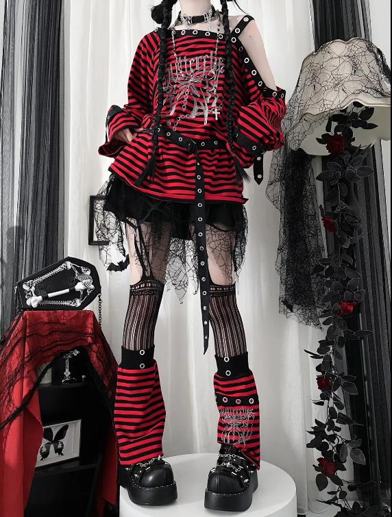 Chemise Longue à Manches sulfpour Fille, Style Gothique, Blouse Punk, Sous-culture Papillon, à Rayures Bleues et Rouges