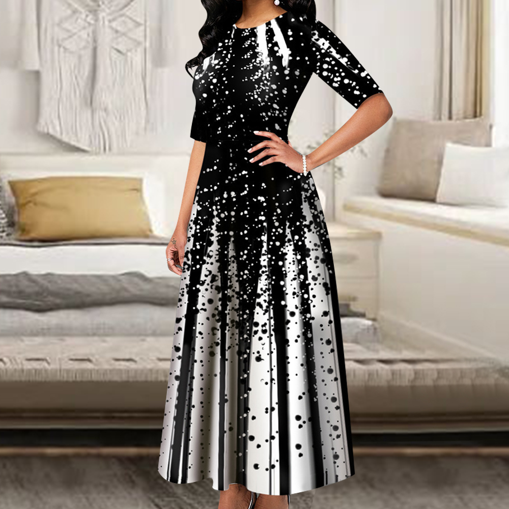 Robe longue de soirée élégante pour femmes, col rond, manches courtes, rétro, imprimé, décontracté, 2024