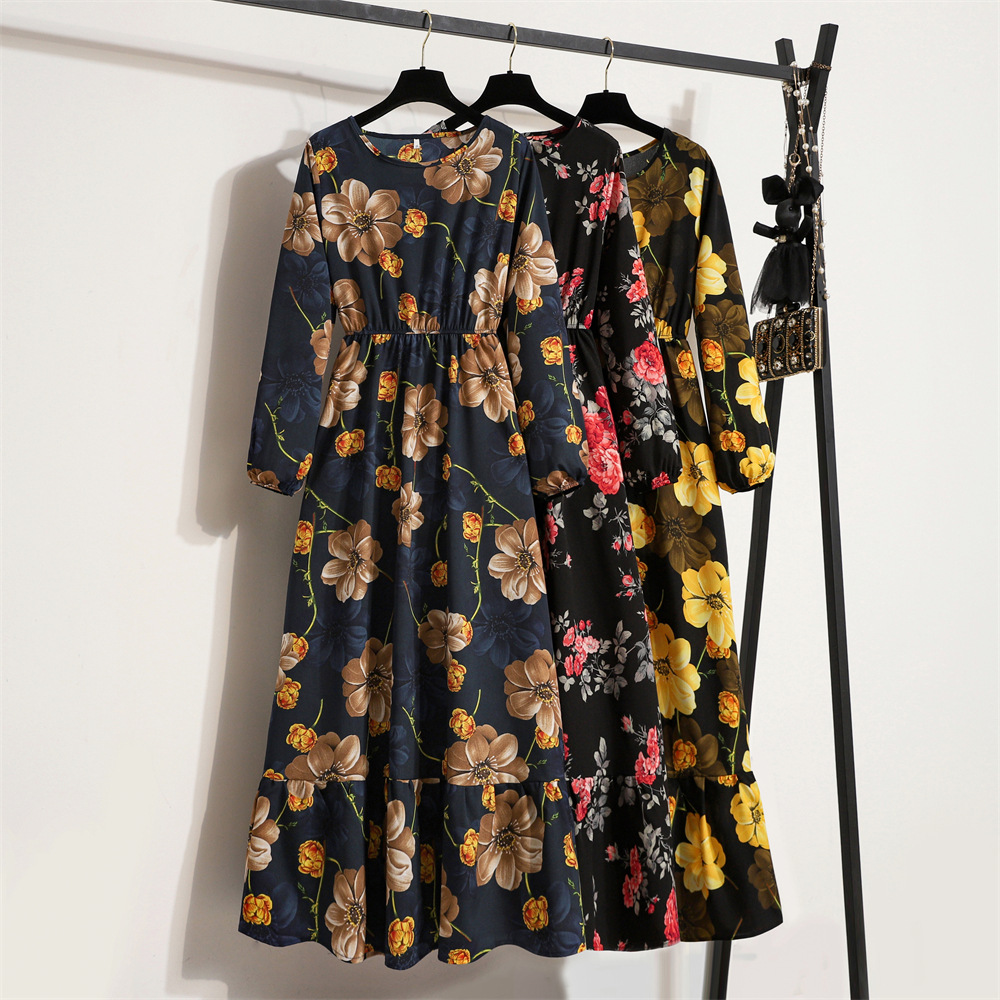 Robe longue en mousseline de soie pour femmes, manches longues, style bohème décontracté, taille haute, pour la plage, motif floral, automne