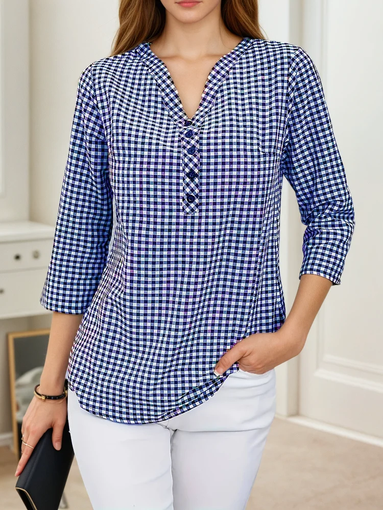 Grande taille printemps automne femmes Fine Plaid mode à manches longues col en v Blouse coupe ajustée tempérament haut ventre couvrant petites chemises