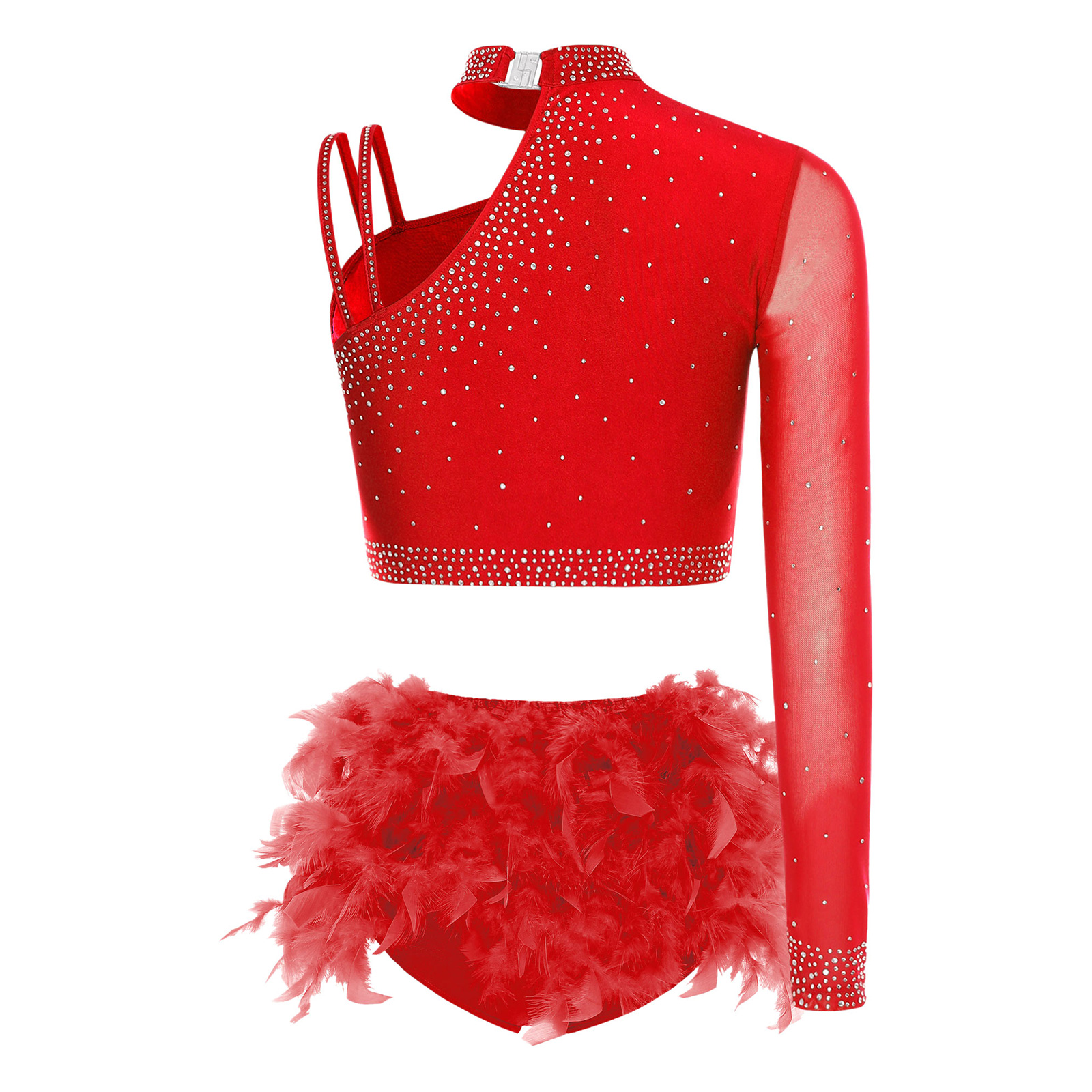 Tenues de danse latine pour femmes, asymétrique épaule dénudée, manches longues, haut court avec slip en plumes, Costume de patinage artistique Chacha Tango