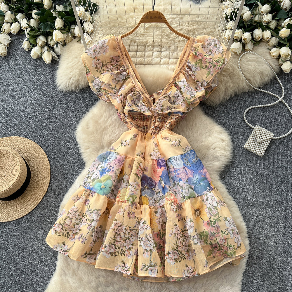 Robe Courte Femme Coupe Trapèze Y2K Streetwear Col V Sans Manches Imprimé Floral Élégante Volants Soirée Travail 2026