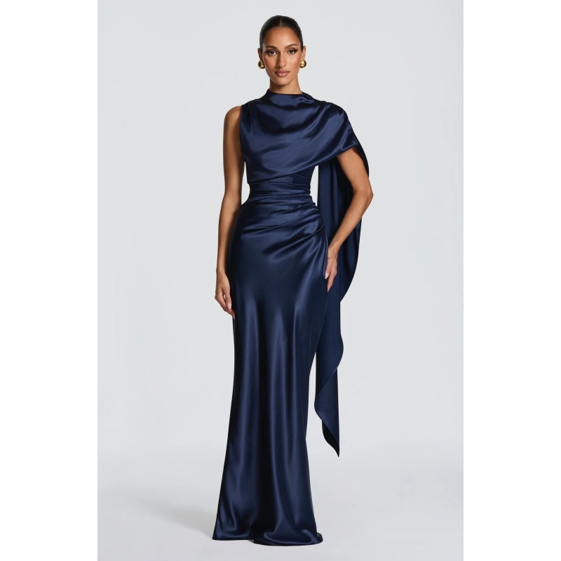 Robes de soirée élégantes pour femmes, robe de soirée en satin drapée avec cape, robe formelle à col montant et dos corset avec taille froncée 2026