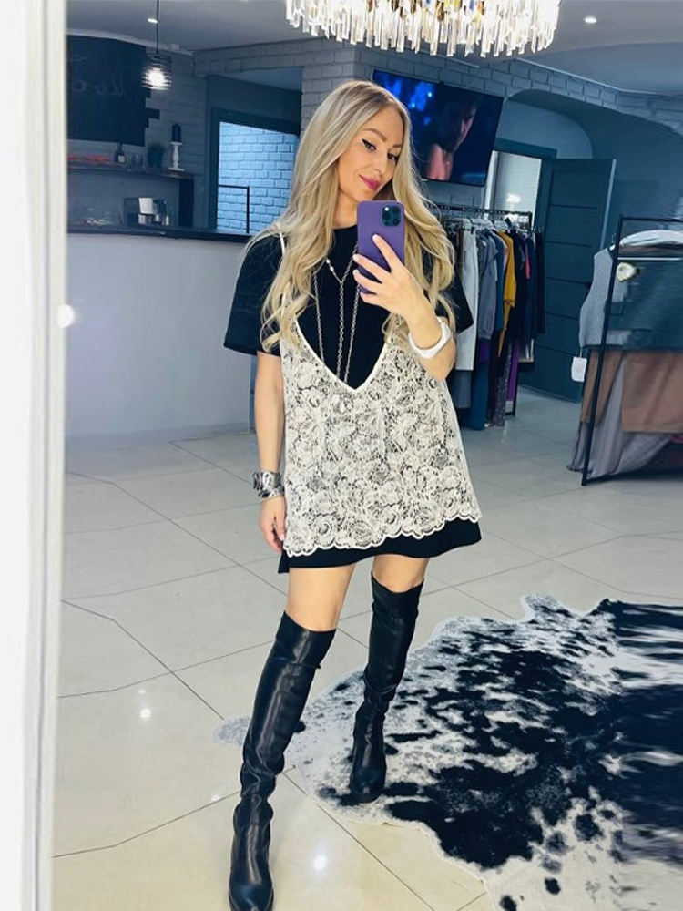Nouveaux hauts pour femme : Ensemble deux pièces chic en dentelle, comprenant un haut long décontracté à col rond et manches courtes, style urbain polyvalent et tendance.