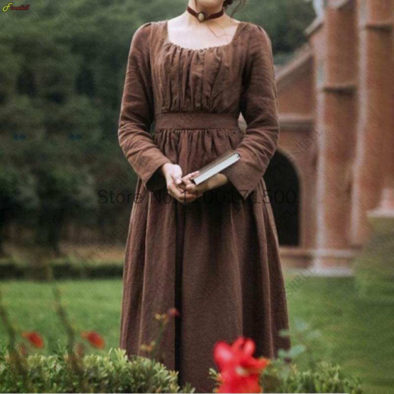 Robe rétro victorienne médiévale pour femme, col carré, manches longues, taille haute, français, déclin, marron, bleu, tempérament, robe longue