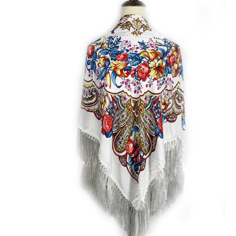 Foulard carré russe de luxe pour femmes, 140x140cm, imprimé Floral, châle, Bandana, ethnique, couverture à franges, mouchoir, Babushka