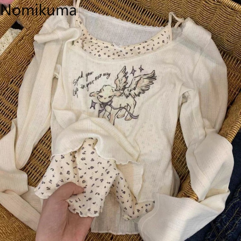 Femmes vêtements coréen t-shirts faux deux tuniques t-shirts dentelle impression mode t-shirts culture hauts décontracté doux Camisetas Ropa Mujer 2025