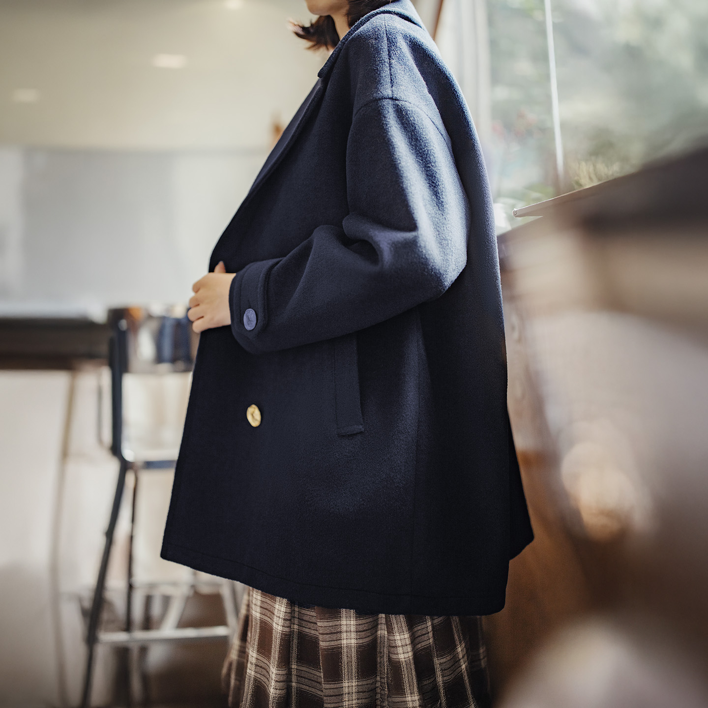 Manteau pour femme Maden, mi-long, épais, à double boutonnage, col à revers, chaud, bleu marine, style preppy, vêtement d'extérieur décontracté