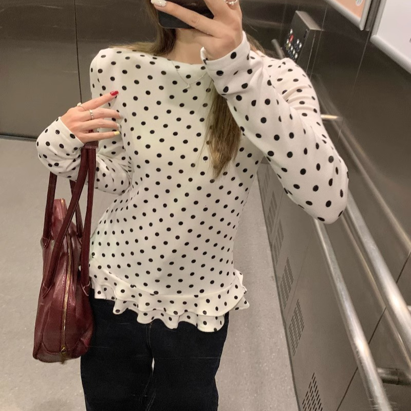 Style coréen nouveau T-Shirt à manches longues à volants pour femmes à pois mince intérieur haut chemises douces femmes vêtements mилы© топ