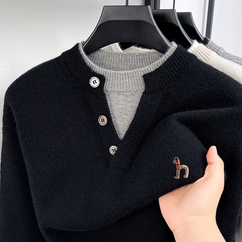 Pull de luxe à manches longues pour hommes, faux deux pièces, boutons, blocs de couleur, broderie, tricot confortable, vêtements de loisirs pour hommes