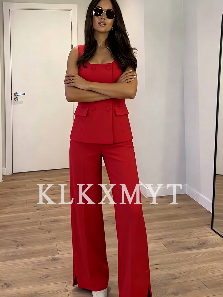 Femmes 2 pièces ensembles nouvelle mode bureau gilet haut + fendu jambe droite pantalon femmes costume formel deux pièces ensemble femmes tenue