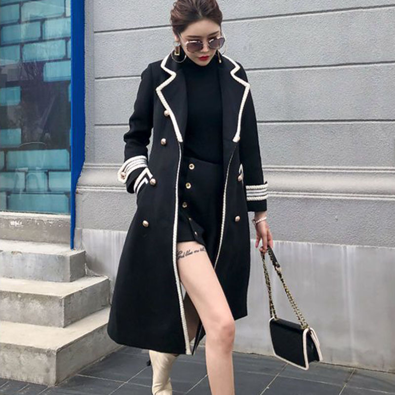 Nouveau manteau Long en laine pour femme automne hiver épais mince noir Double boutonnage Trench manteaux femme coréenne décontracté Parker pardessus