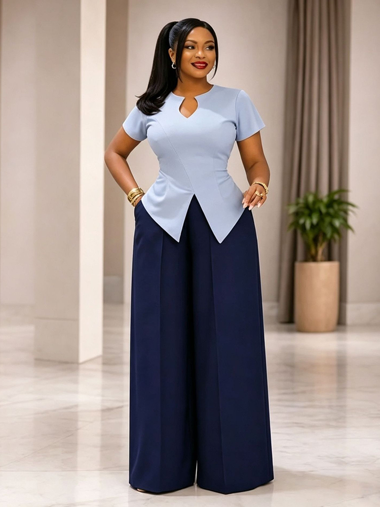 Ensemble élégant 2 pièces pour femme style africain : haut ajusté et pantalon large – Tenue professionnelle estivale pour femme – Ensembles assortis pour le quotidien