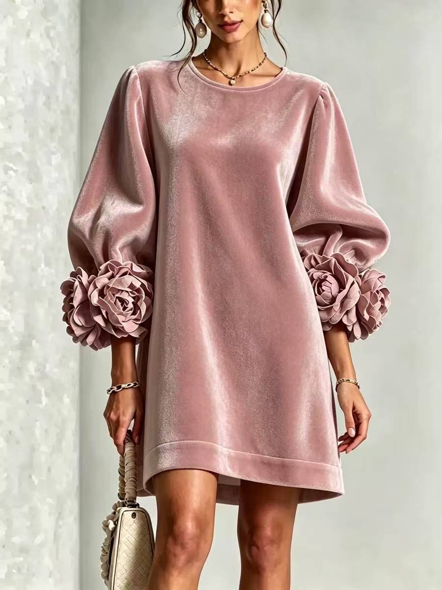 Nouvelle collection automne-hiver, robe en velours coréen pour femmes, robe à manches longues tendance avec manches à motifs floraux en relief 3D, idéale pour les soirées et le quotidien.