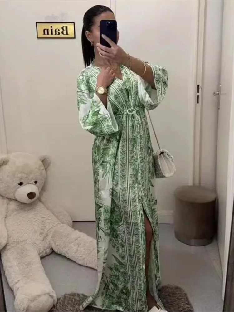 Printemps été nouveau Style de vêtements pour femmes Sexy col en v à manches courtes à la mode imprimé taille cintrée à lacets grande jupe robe