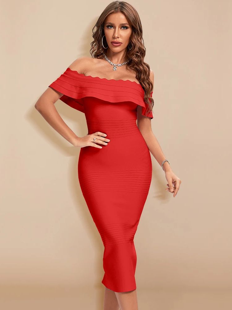 BEAUKEY-Robe de Soirée Élégante pour Femme, Tenue de Luxe Rouge à Bandes, à Volants, Fendue, pour ixÉducative, XL