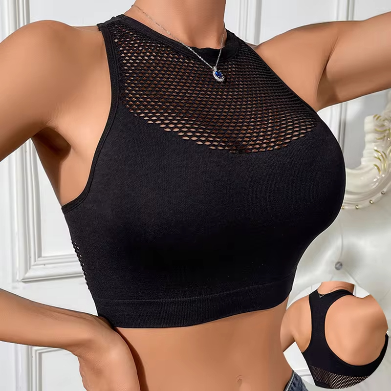 Haut court évidé en résille pour femmes, vêtements d'extérieur pour femmes, débardeurs décontractés confortables, émail chic, vêtements de sport pour femmes