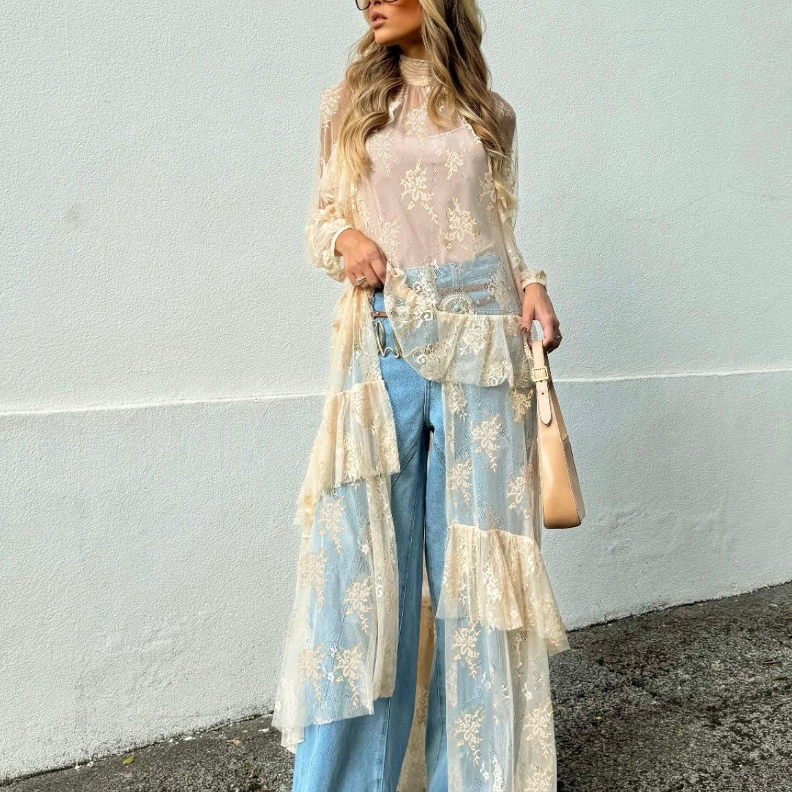 Femmes pure à manches longues dentelle Duster Robe voir à travers maille courte devant longue dos décontracté haut fluide asymétrique couverture Ups