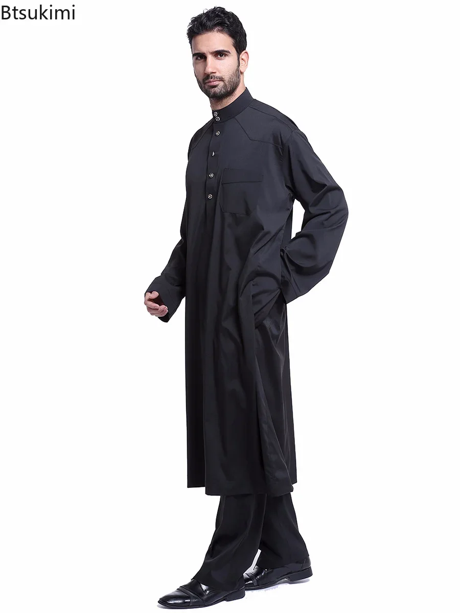 Jubba Thobe pour homme arabe musulman, robe boutonnée et pantalon, vêtements Abaya trempés, Arabie saoudite, Eid Turquie, Kurtas islamique, 03/fur s, 2 pièces