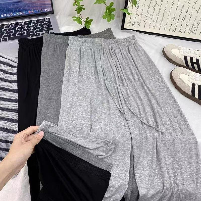 Pantalon pour femme grande taille en modal et soie glacée, taille haute, jambe large, fluide, ample et droit, style streetwear décontracté, pour l'été