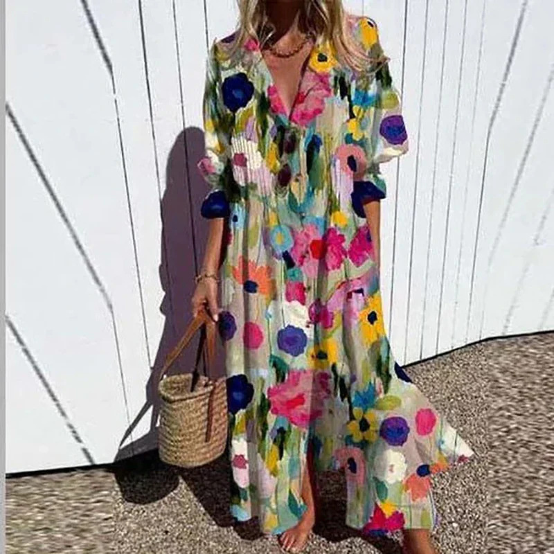 Femmes élégantes grande taille plissée à manches courtes col en V robes longues Style doux taille haute robe imprimée femme décontracté robe ample