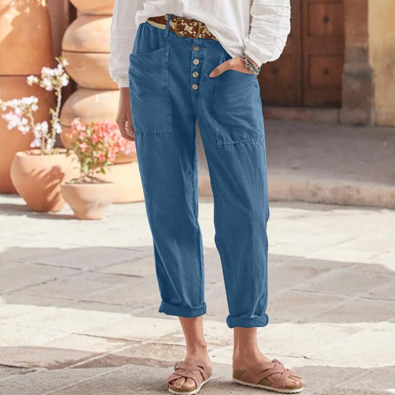 Pantalon femme ample couleur unie coton lin bouton poche respirant basique rue mode pantalons décontractés