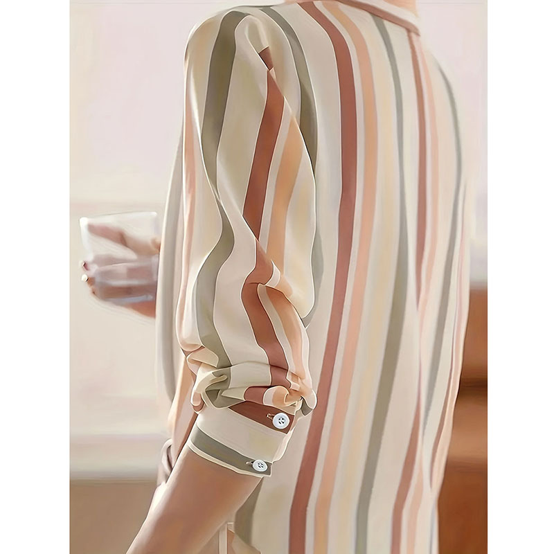Chemise à col rabattu pour femme, élégante et Chic, tempérament Simple, chemises rayées de couleur contrastée, chemisiers en mousseline de soie à manches longues