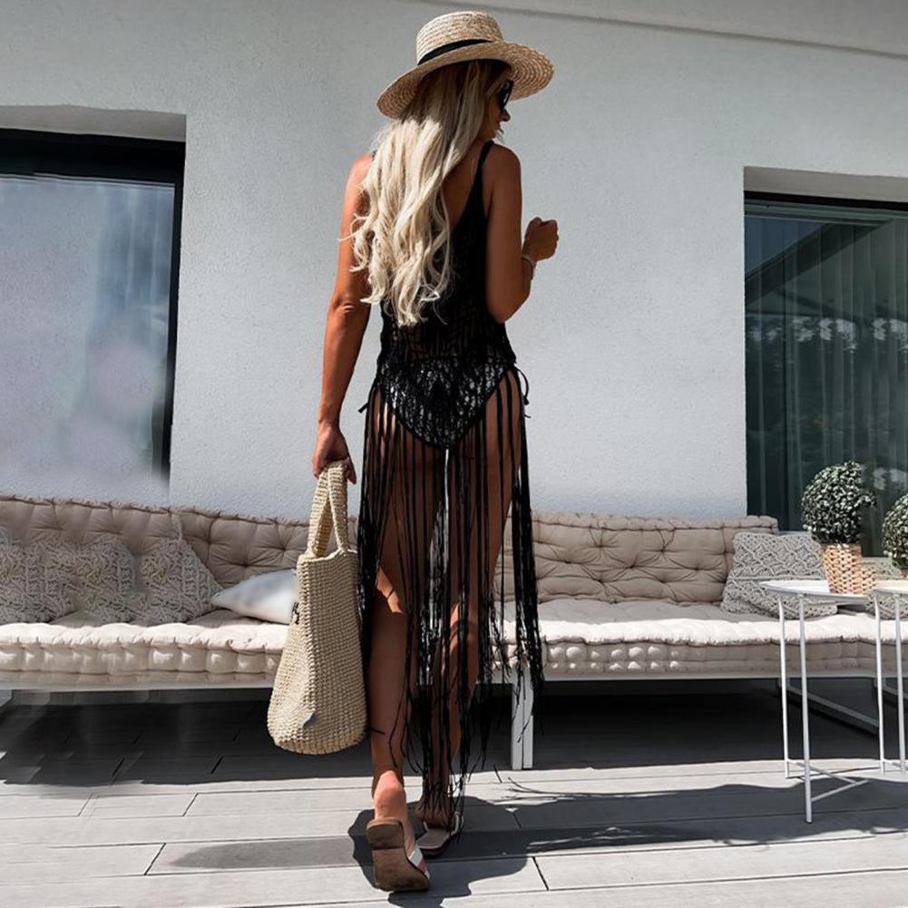 Boho robe à bretelles Boho robe de plage pour les femmes Sexy creux frange ourlet couvrir été maillots de bain Crochet gland fronde maillots de bain