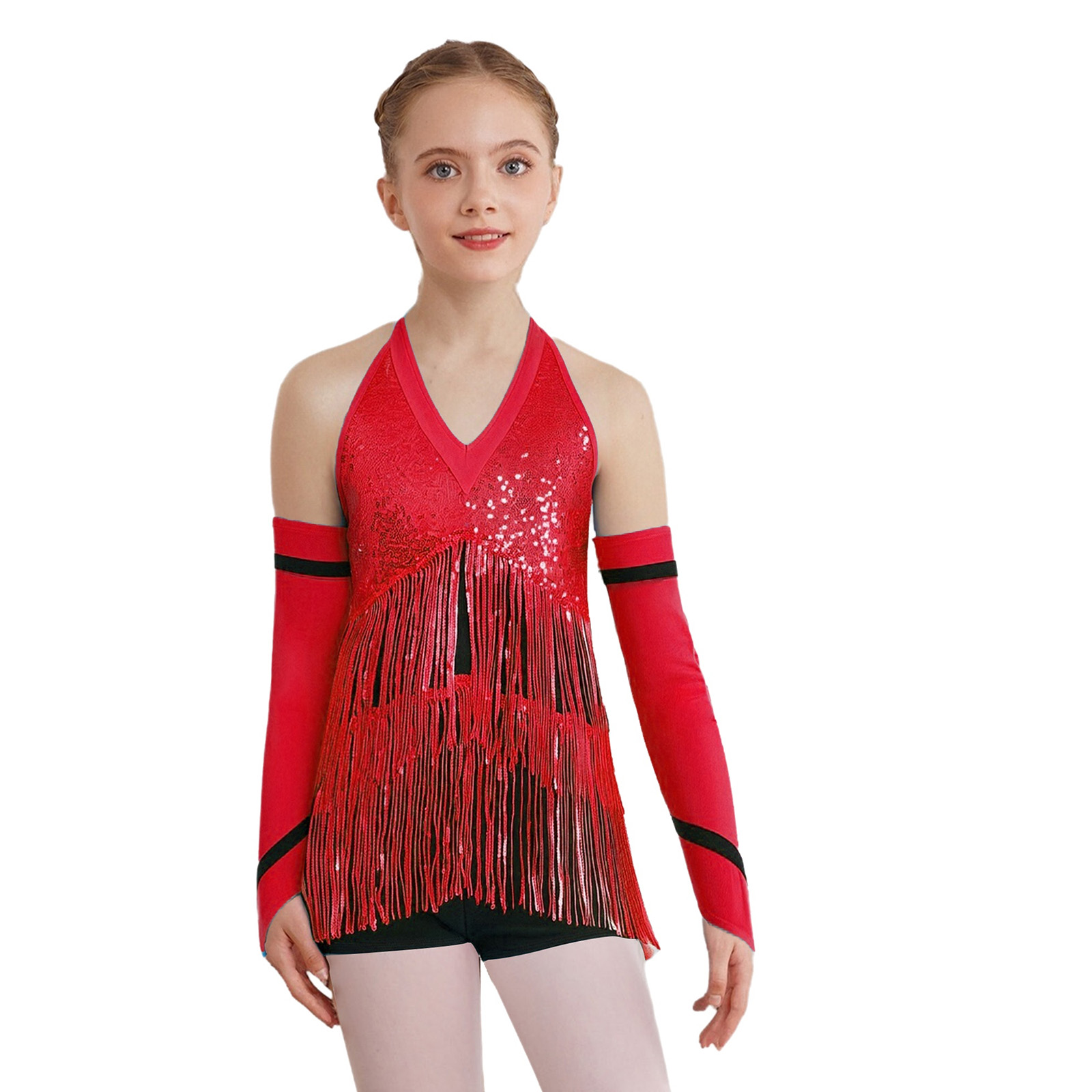 Maillot de patinage artistique pour filles, body de gymnastique Jazz Latin avec gants, justaucorps de danse pour spectacle sur scène de danse lyrique moderne
