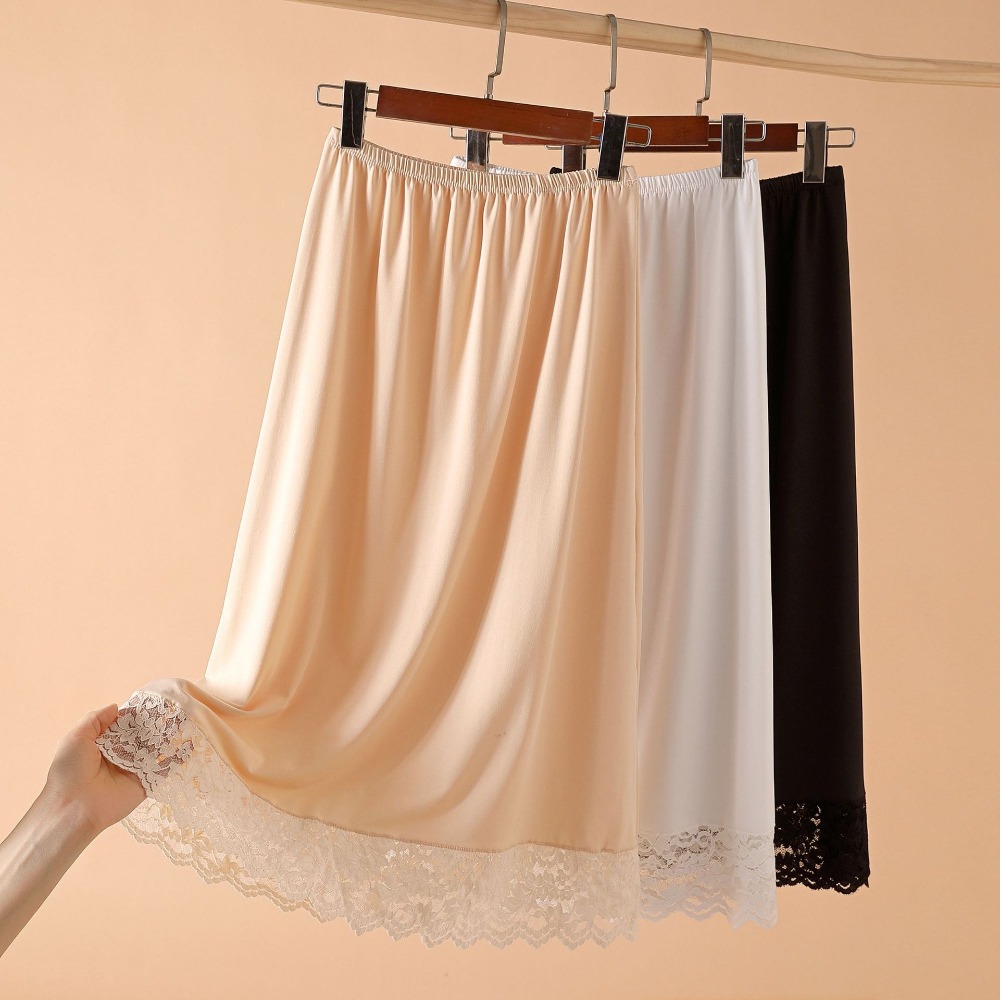 Jupe courte en soie glacée fine et modal pour femme, avec dentelle anti-transparence, taille haute élastique, couleur unie