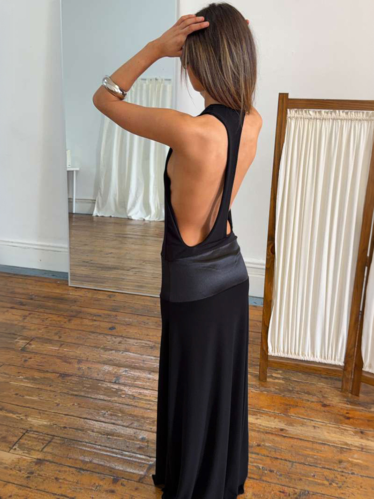 Nibber Simple Mode Dos Nu Robe Femmes Sexy Satin Patchwork Profond V-Cou Sans Manches Élégant Soirée Club Longue Moulante